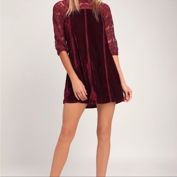 Lulu’s Love Me Always Burgundy Crocheted Lace Velvet Shift Dress - Picture 3 of 10